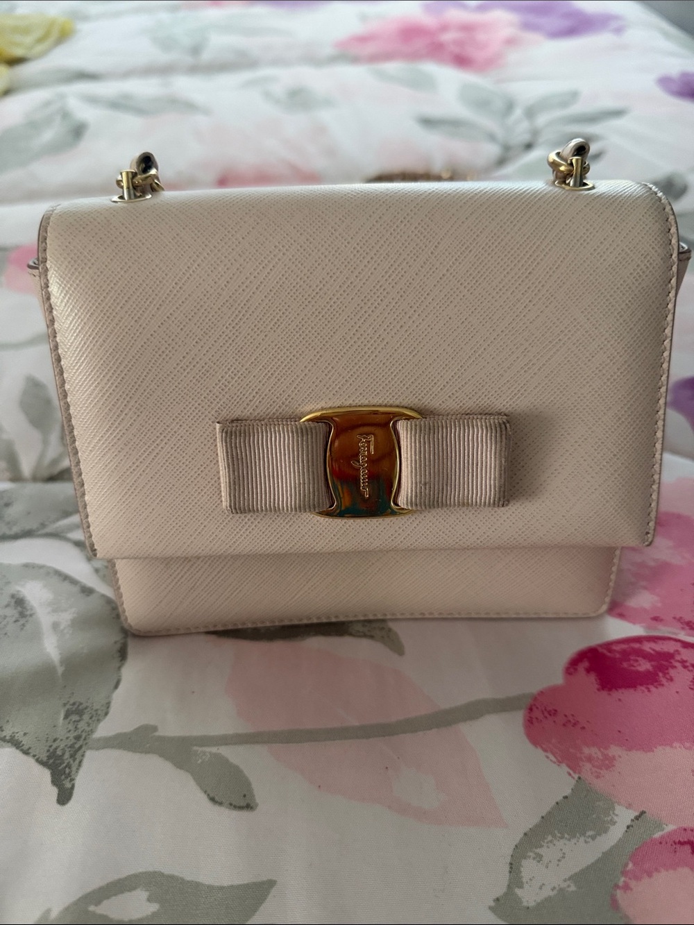 Salvatore Ferragamo pink Saffiano Leather Vara Bow Crossbody